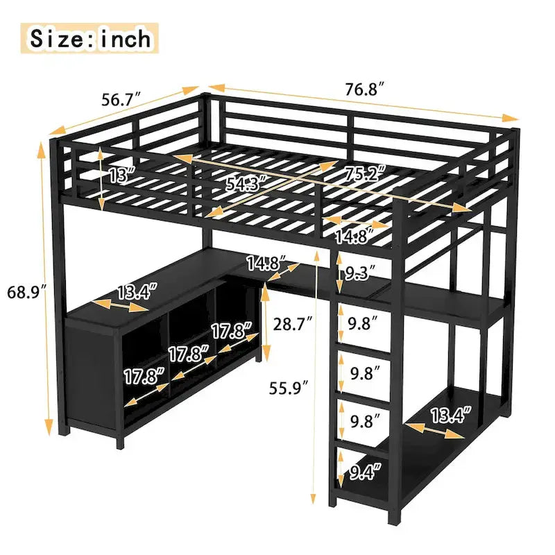 Metal Loft Bed with Wardrobe & L-Shaped Desk - Queen/Full Size Space-Saving Bed with Storage Cubes & Shelves for Teens/Adults