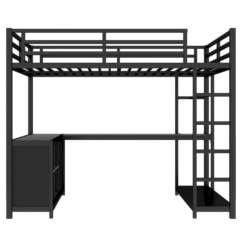 Metal Loft Bed with Wardrobe & L-Shaped Desk - Queen/Full Size Space-Saving Bed with Storage Cubes & Shelves for Teens/Adults