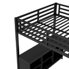 Metal Loft Bed with Wardrobe & L-Shaped Desk - Queen/Full Size Space-Saving Bed with Storage Cubes & Shelves for Teens/Adults