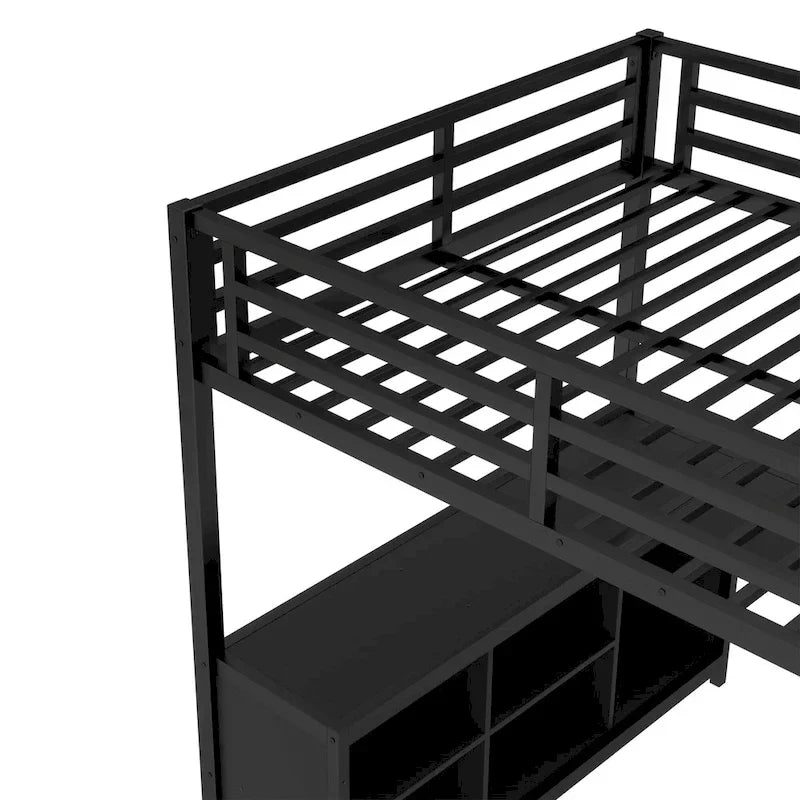 Metal Loft Bed with Wardrobe & L-Shaped Desk - Queen/Full Size Space-Saving Bed with Storage Cubes & Shelves for Teens/Adults