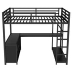 Metal Loft Bed with Wardrobe & L-Shaped Desk - Queen/Full Size Space-Saving Bed with Storage Cubes & Shelves for Teens/Adults
