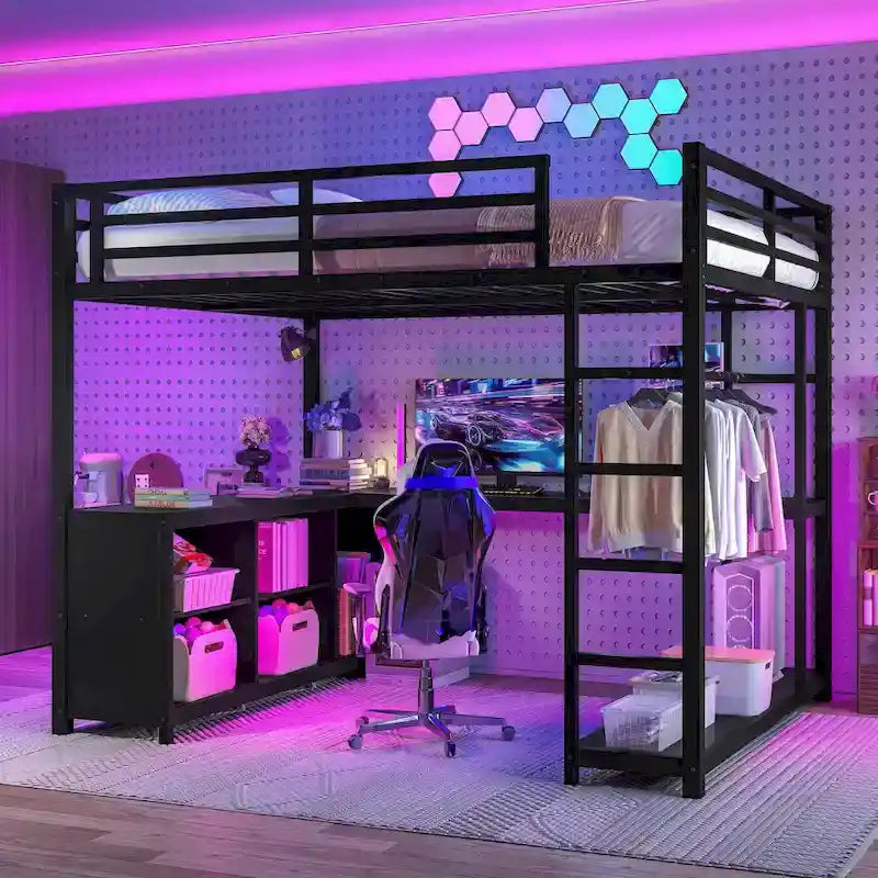 Metal Loft Bed with Wardrobe & L-Shaped Desk - Queen/Full Size Space-Saving Bed with Storage Cubes & Shelves for Teens/Adults