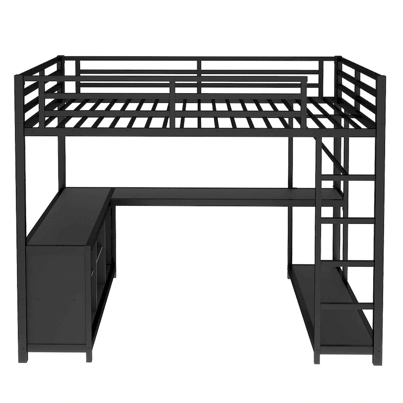Metal Loft Bed with Wardrobe & L-Shaped Desk - Queen/Full Size Space-Saving Bed with Storage Cubes & Shelves for Teens/Adults