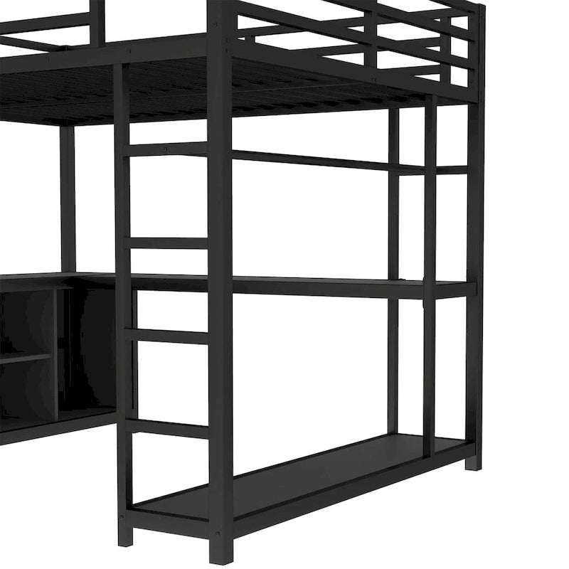 Metal Loft Bed with Wardrobe & L-Shaped Desk - Queen/Full Size Space-Saving Bed with Storage Cubes & Shelves for Teens/Adults