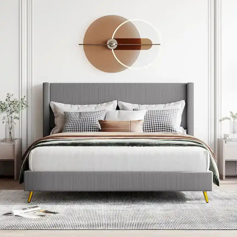 Queen Size Corduroy Platform Bed with Metal Legs