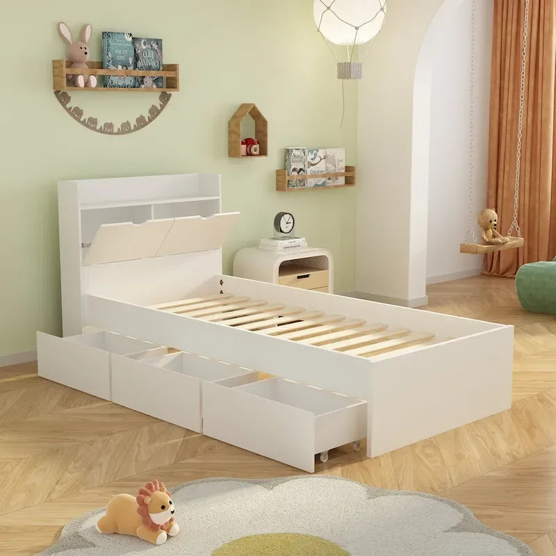 Twin Bed Frame Wood Platform Bed with Storage Drawers and Headboard