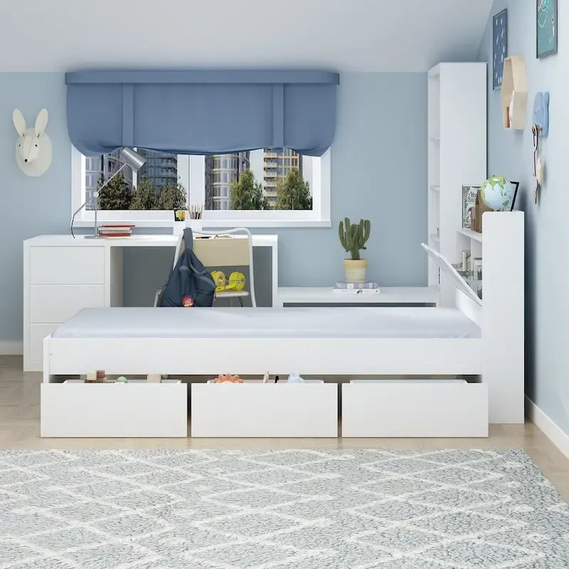 Twin Bed Frame Wood Platform Bed with Storage Drawers and Headboard