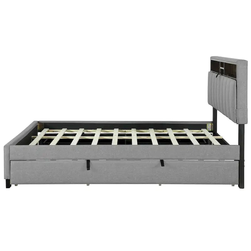 Queen size Upholstered Platform Bed with Twin XL Size Trundle