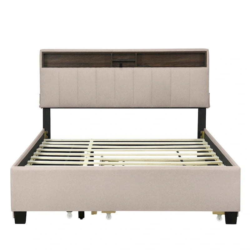 Queen size Upholstered Platform Bed with Twin XL Size Trundle